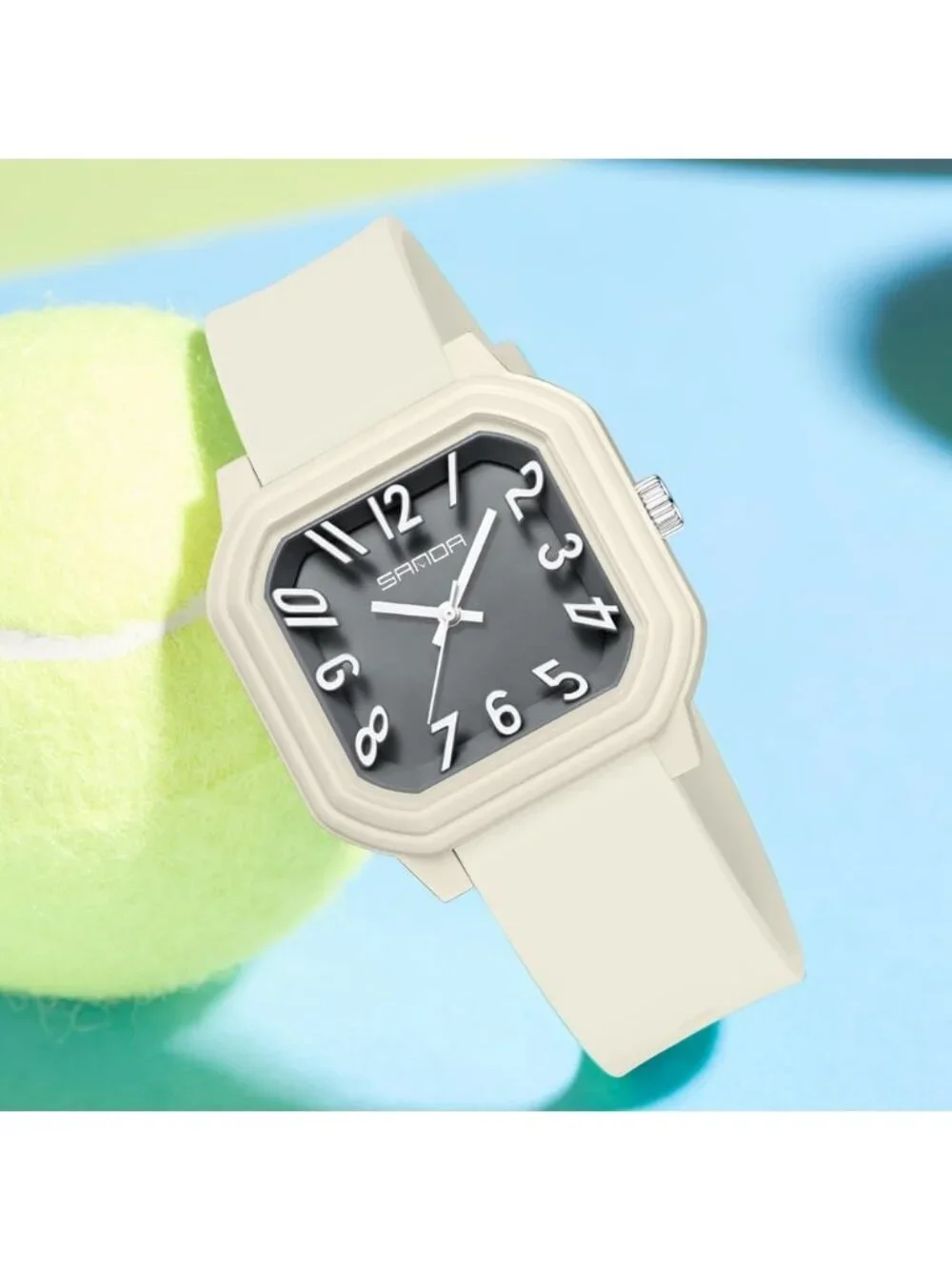 Women’s Khaki Big Arabic Numbers Silicone Strap Casual Analog Square Wrist Watch